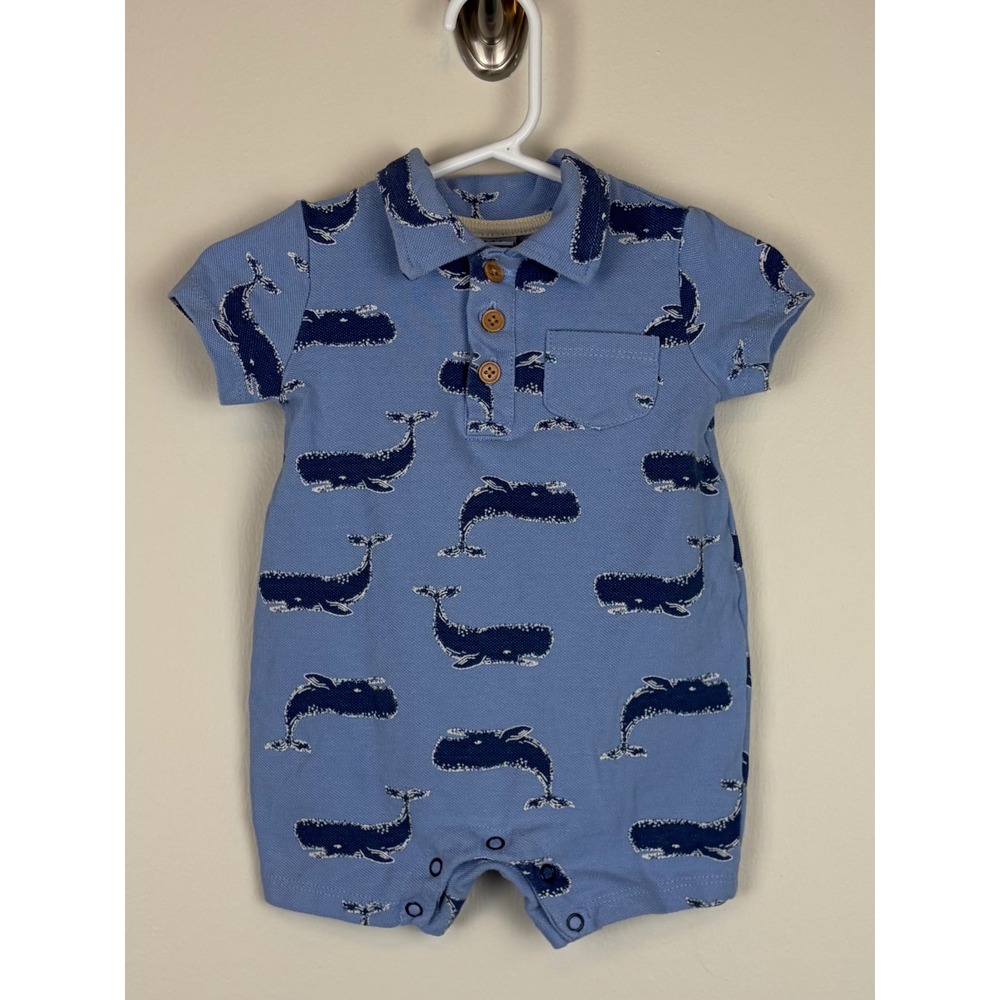 Little Lad Polo Romper 3-6 M Collared Blue Whale Nautical Coastal Preppy Beach